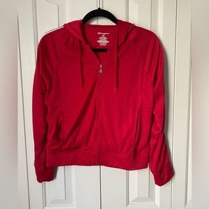 CHAMPION RED WITH STRIPED SLEEVE HOODED MESH ZIP UP -SMALL